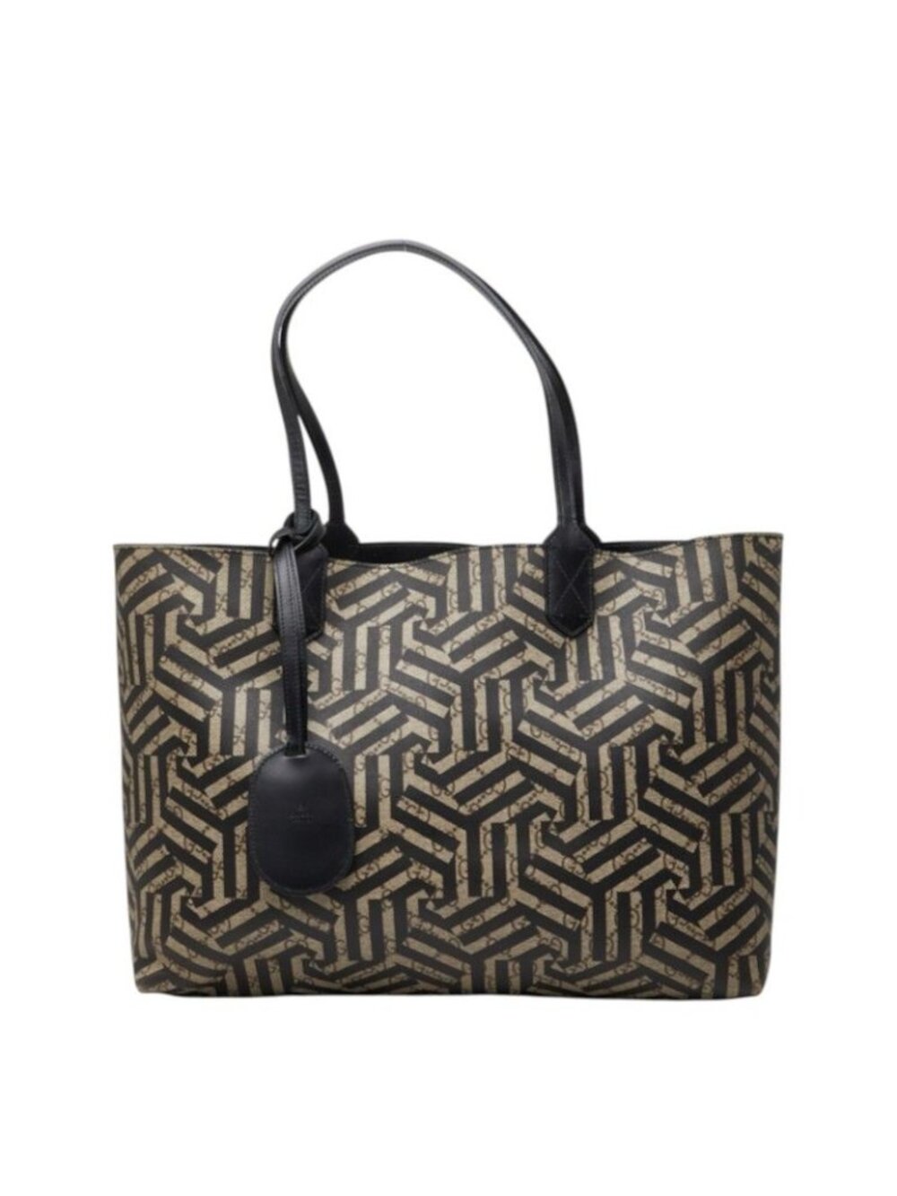 Gucci GG Carre Ido Reversible Tote Shoulder Bag Beige Black Leather